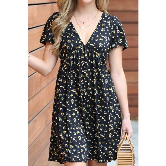 NWT BLACK FLORAL DEEP V NECK A LINE MINI DRESS - Picture 4 of 9